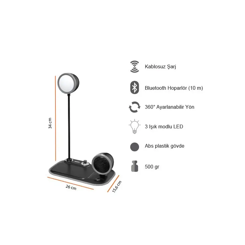 Kablosuz Şarj Özellikli Masaüstü Led Lamba + Bluetooth Hoparlör