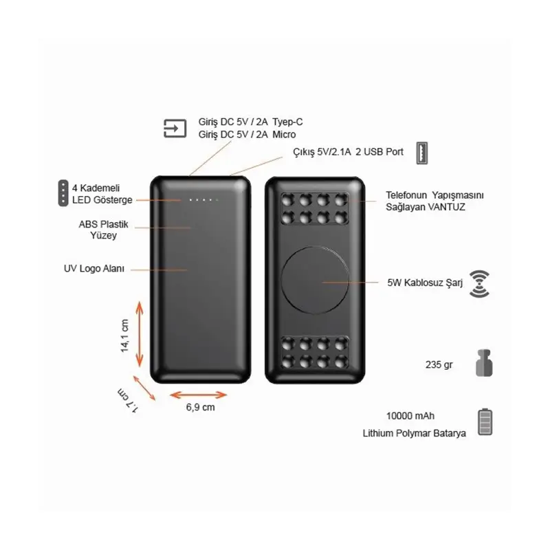 10000 mAh Kablosuz Şarj Özellikli Vantuzlu Powerbank