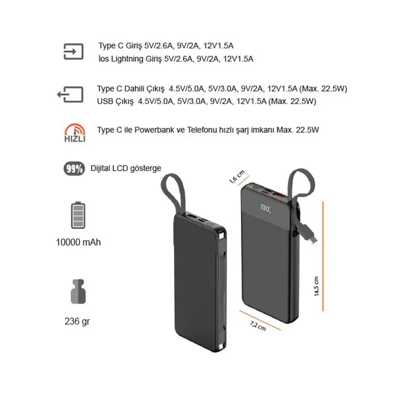10000 mAh Dahili Kablolu 22,5W Hızlı Şarj Özellikli Powerbank