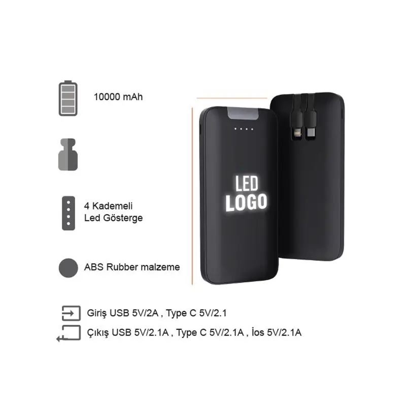 10.000 mAh Dahili Kablolu LED Logolu Powerbank