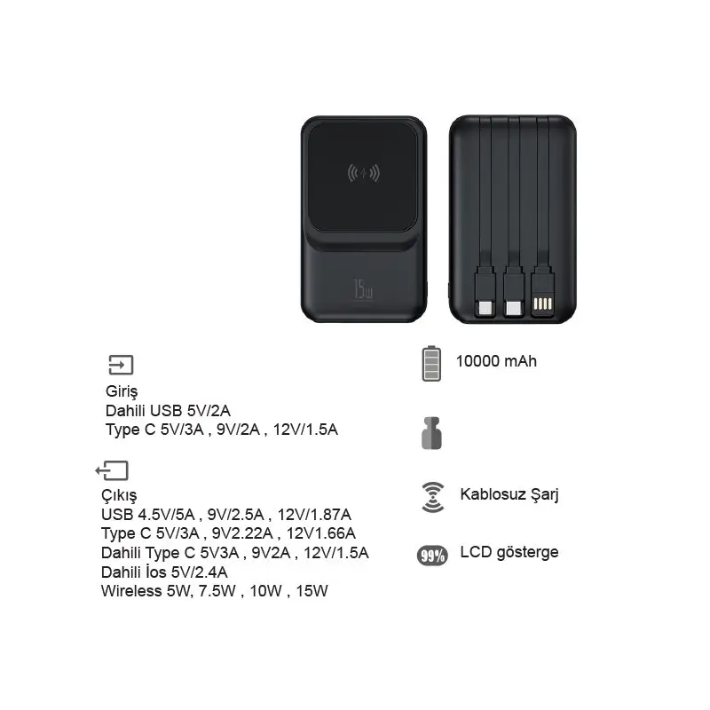10.000 mAh 22.5W Hızlı Şarj ve 15W Kablosuz MagSafe Powerbank Promozone