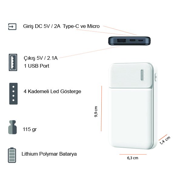 5000 mAh Led Güç Göstergeli Powerbank