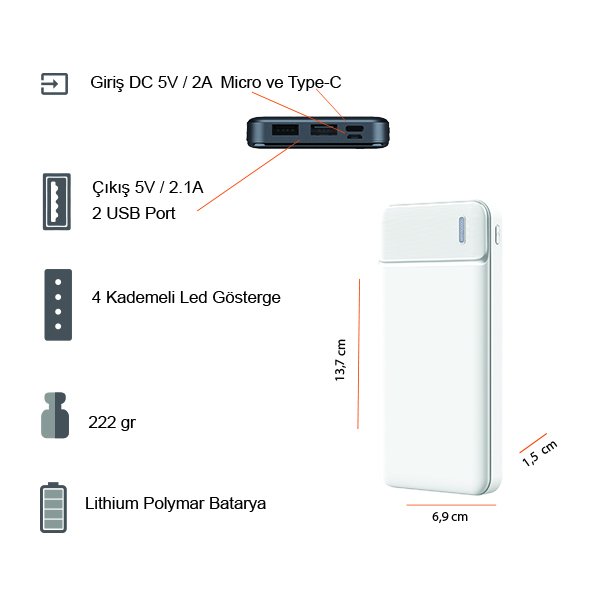 10000 mAh Led Güç Göstergeli Powerbank