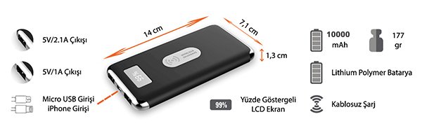 10.000 mAh Wireless Kablosuz Şarj Özellikli Dijital Ekranlı Powerbank
