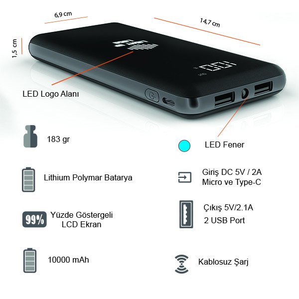 10000 mAh Wireless Dijital Güç Göstergeli Kablosuz Powerbank