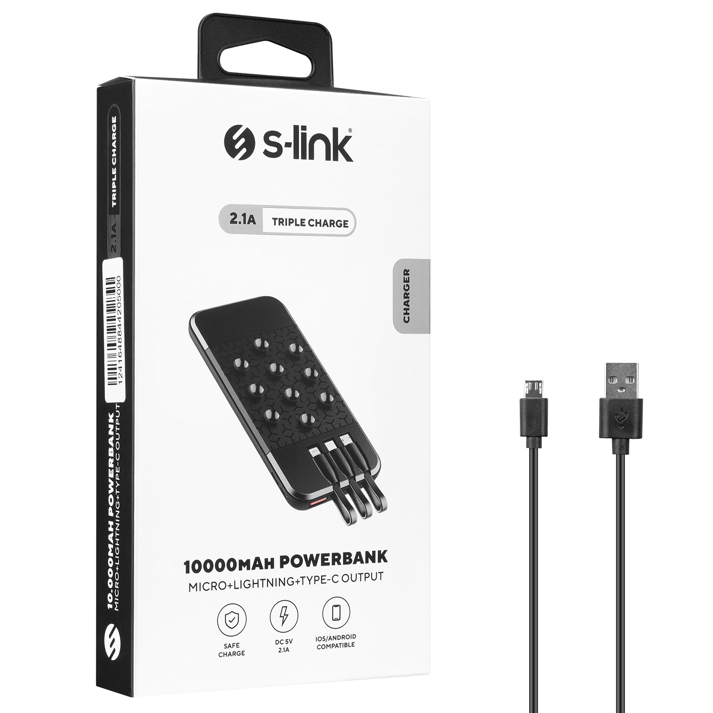 S-link IP-G14L 10000mAh Dahili Kablolu Vantuz+Stand Siyah Gizli Ledli Taşınabilir Pil Şarj Cihazı Promozone