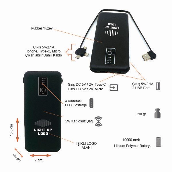 10000 mAh Dahili Kablolu Wireless Powerbank Şarj Cihazı